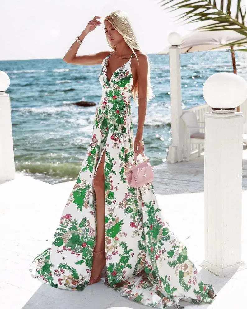 Платье женское длинное пляжное с открытой спиной и цветочным принтом | Женская