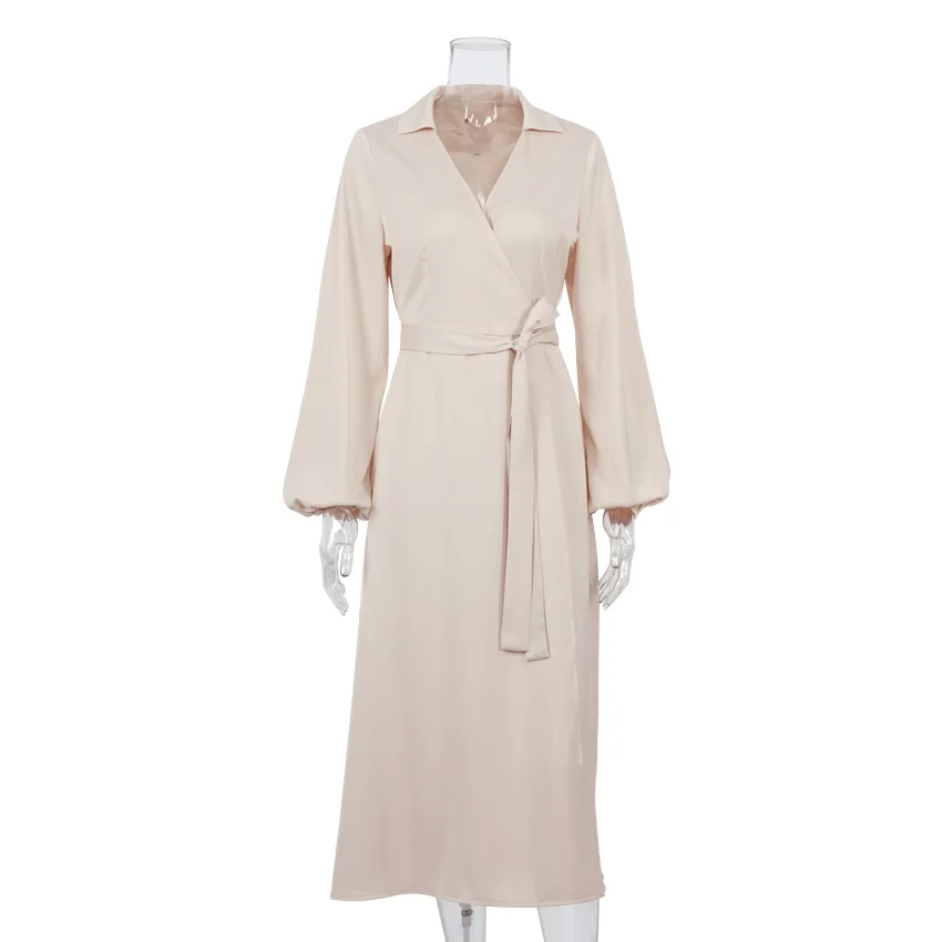 

2021 New Hit Spring Lantern Sleeve Elegant Vintage Solid Blue Khaki Fashion Dress for Women 135