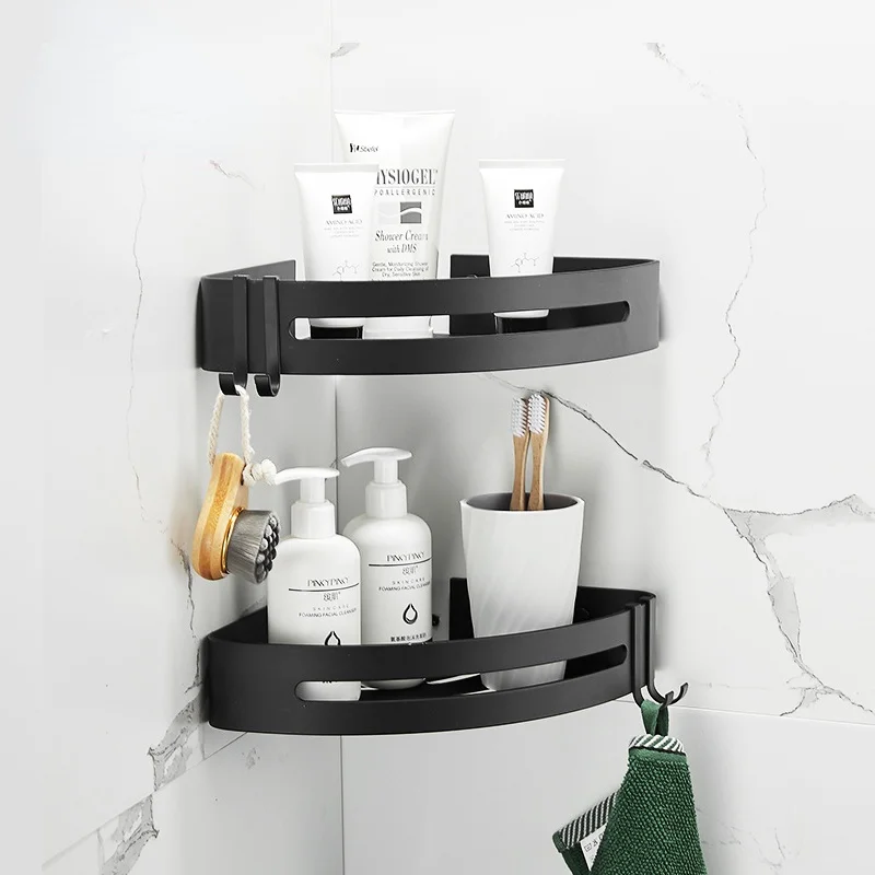 

Bathroom Shelf Organizer Shower Storage Rack Black Corner Shelves Wall Mounted Aluminum Toilet Shampoo Holder No Drill