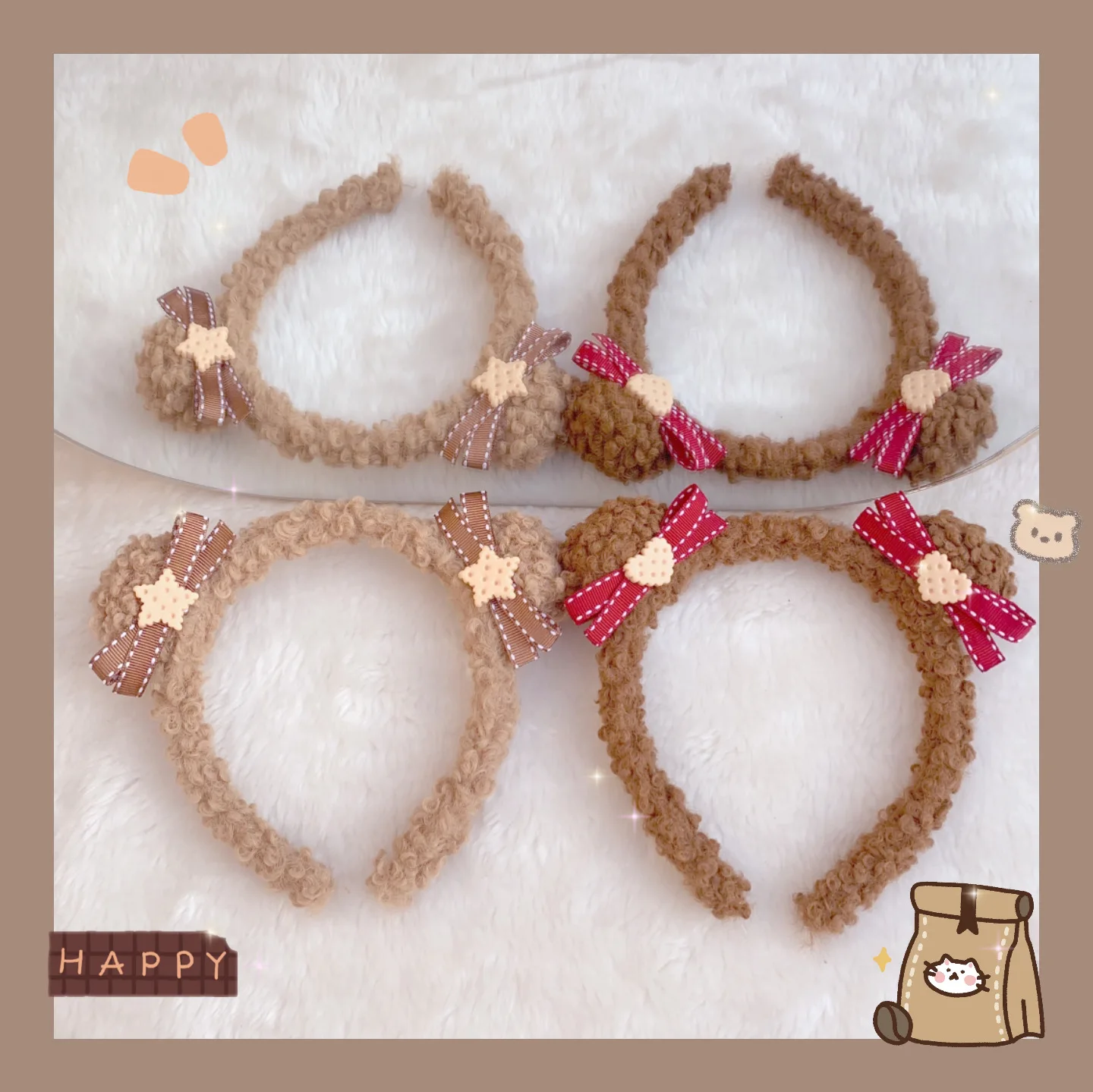 

Brown Bear Ears Sweet Handmade KC Hair Band Female Japanese Girls Student Lolita Soft Sister Cute Bowknot Biscuit Hair Hoop