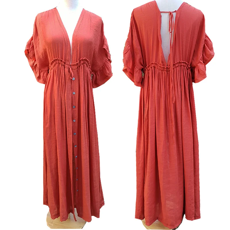 

Sexy Boho Dress Beach Cover up Kaftan Women Long Beachwear Solid V neck Ladies Holiday Dress Robe Plage Sarong Beach Pareos