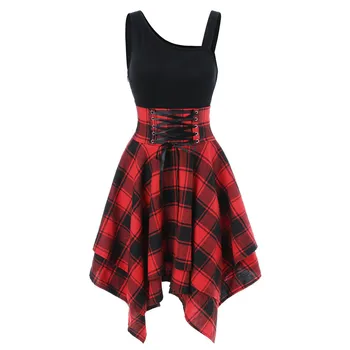 Plaid Dress Women Summer 2023 Sleeveless Cold Shoulder Cross Irregular Dress Elegant Streetwear Retro Casual Mini Vestido 1