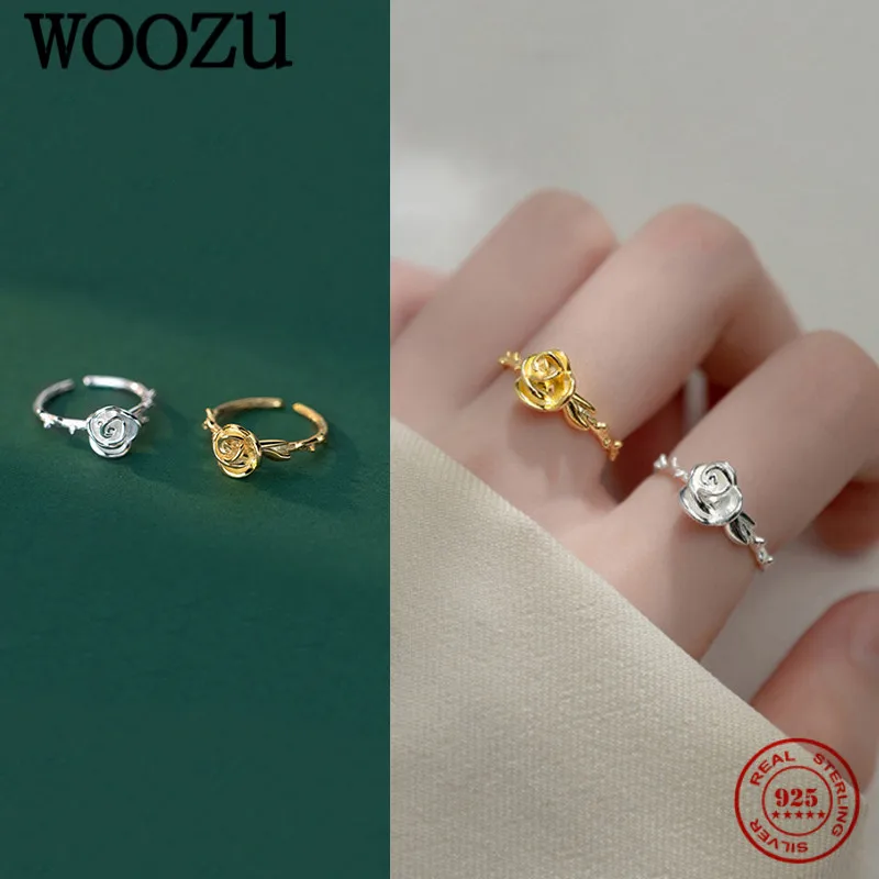 

WOOZU 925 Sterling Silver Korean Cute Rose Flower Opening Finger Rings For Women Charm Wedding Delicate 18k Gold Plated Jewelry