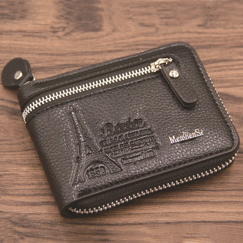 

New Hight Quality Zipper Bronw Color Men Wallets Prints Cross Vertical PU Leather Coin Pocket Bit Credit Card Holder Wallet