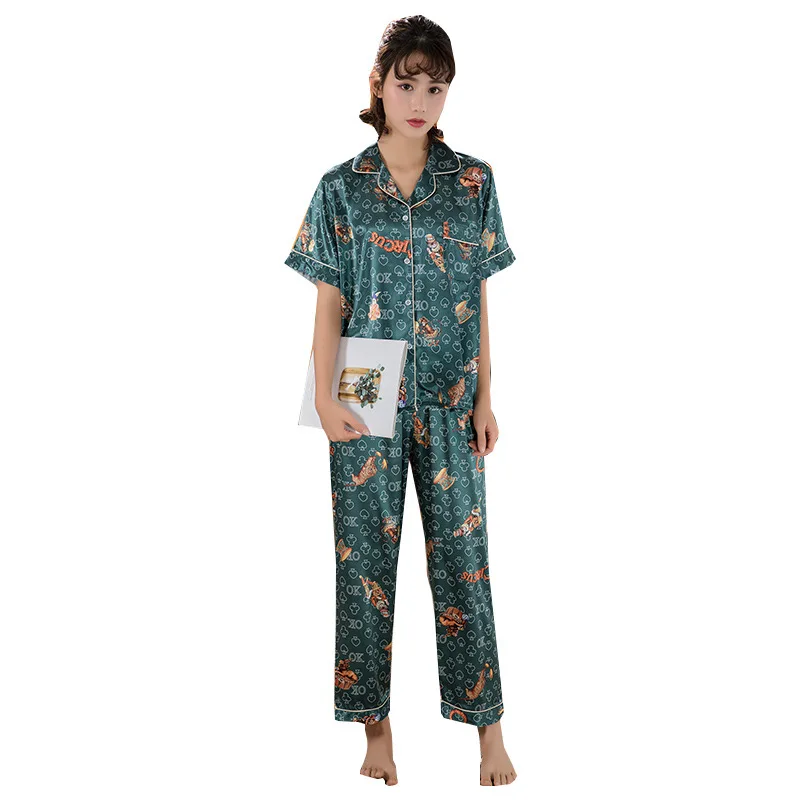 

2020 Spring Autumn Women Silk Pajamas Sets With Chest Pads Flower Print Pijama Sleepwear 2 Pieces Spaghetti Strap Satin Pyjamas