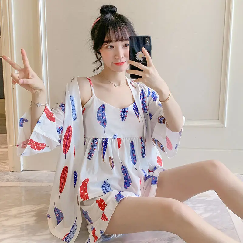 

2021 Spring Summer Maiden Sexy Pajamas Three-Piece Set Sling Sweet Cute Short Sleeve Fashionable Nightgown