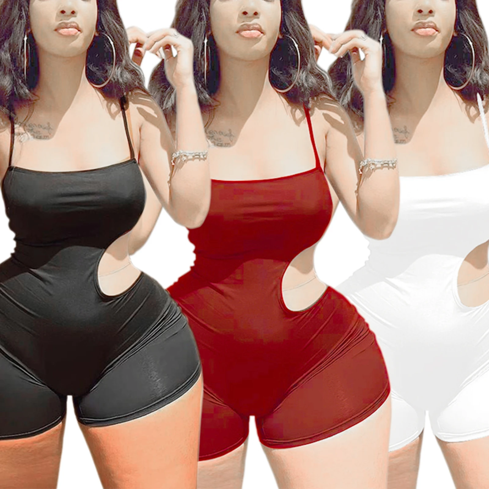 

Sexy Women Summer Romper Solid Color Spaghetti Strap Sleeveless Hollow-Waist Tight Jumpsuit for Girls 3 Colors