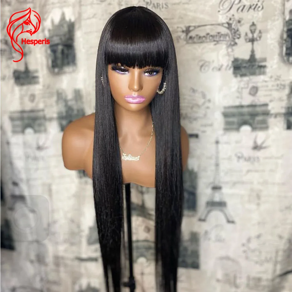 spesifikasi Hespermis Rambut Manusia Lurus Sutra Wig Dengan Bang Brazilian Remy Kulit Kepala Atas Penuh Mesin Dibuat Wig Untuk Wanita Kulit Hitam