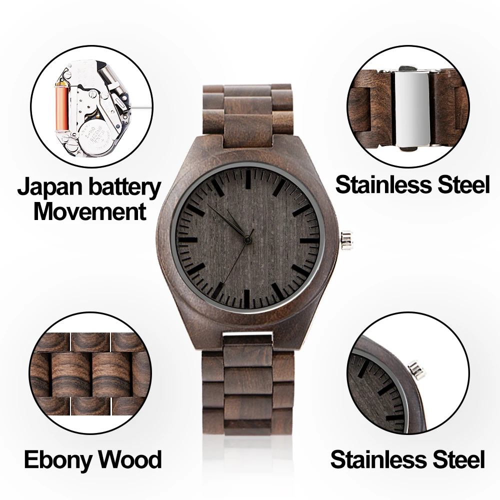 Мужские часы ручной работы с натуральным эбеновым деревом креативные
