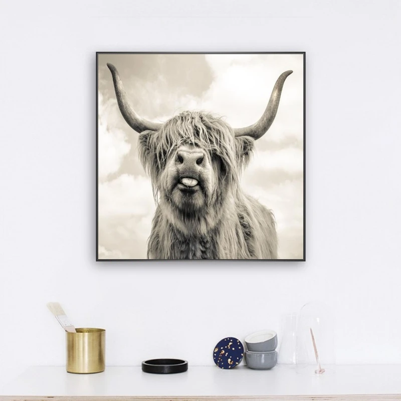Черно белый Highland Корова Крупный рогатого скота настенная Картина на холсте в