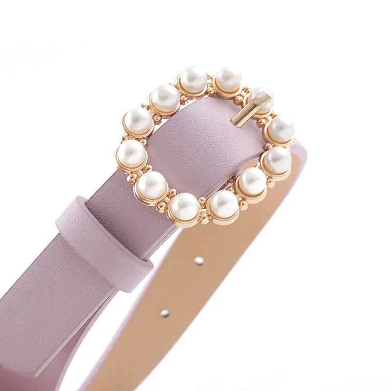 

ZLD Fashion Pearl Decorative Belt Ladies Belt Round Pin Buckle Pearl Belts Women's Casual Solid PU Leather Thin Belt