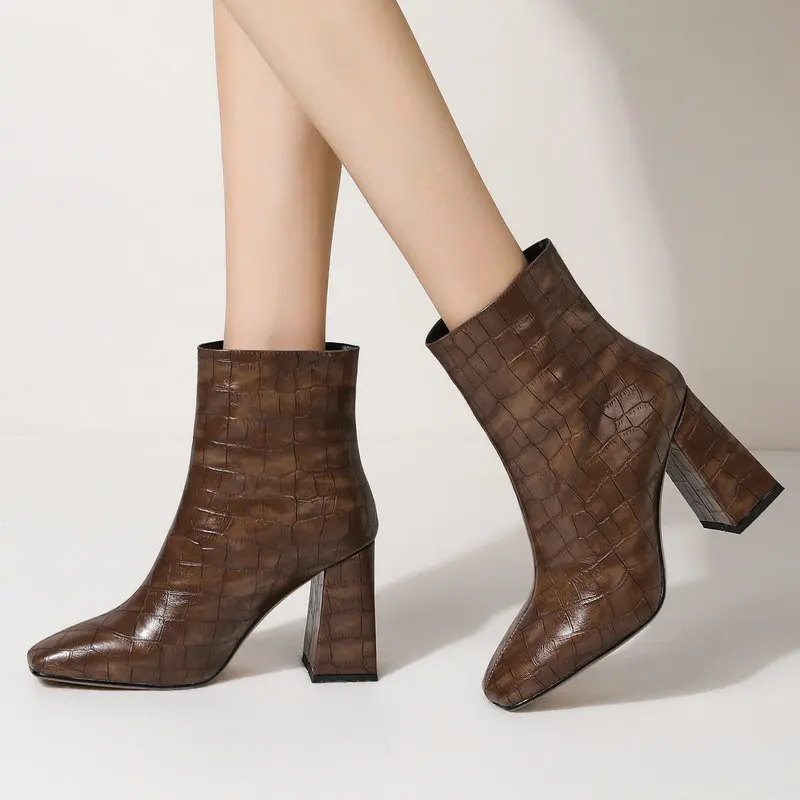 

2021 Square Toe Retro Stone Pattern Short Boots Fashion Slip On Women Ankle Boots Autumn Winter Thick High Heel Shoes Woman