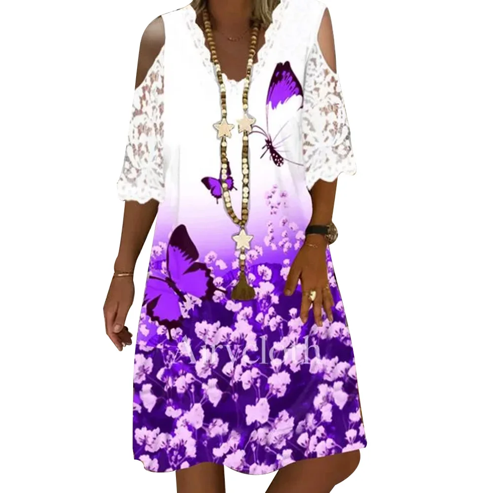 

Women Bohemian Plus Size Dress Butterfly Lace Half Sleeve Flowy Summer Dress V-Neck Flare Sleeve Animal Print Boho Dresses D30