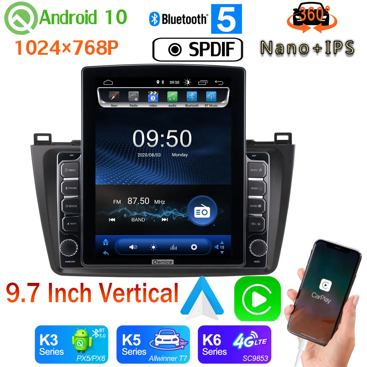 Автомагнитола Tesla 9 7 дюйма Android 10 GPS PX6 4 + 64 ГБ для Mazda 6 Mazda6 II Ultra 2010 2015 360|Автомагнитолы| |