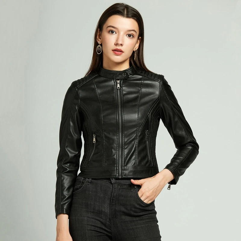 

Fashion Women's PU Leather Jacket Spring Autumn Moto&Biker Jackets Female S-XL Short Style Slim Motorcycle Faux Leather Coats