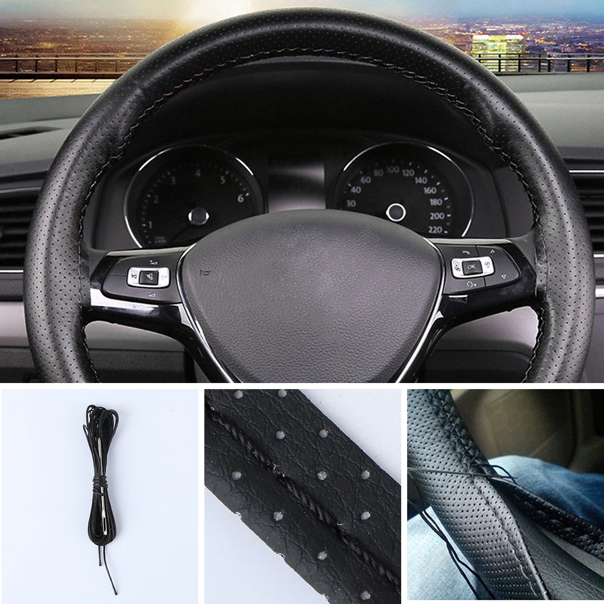 

CR Car Steering Wheel Cover Drive Truck PU Leather With Needles And Thread Fit 38cm Car Steering Wheel Cover Protector