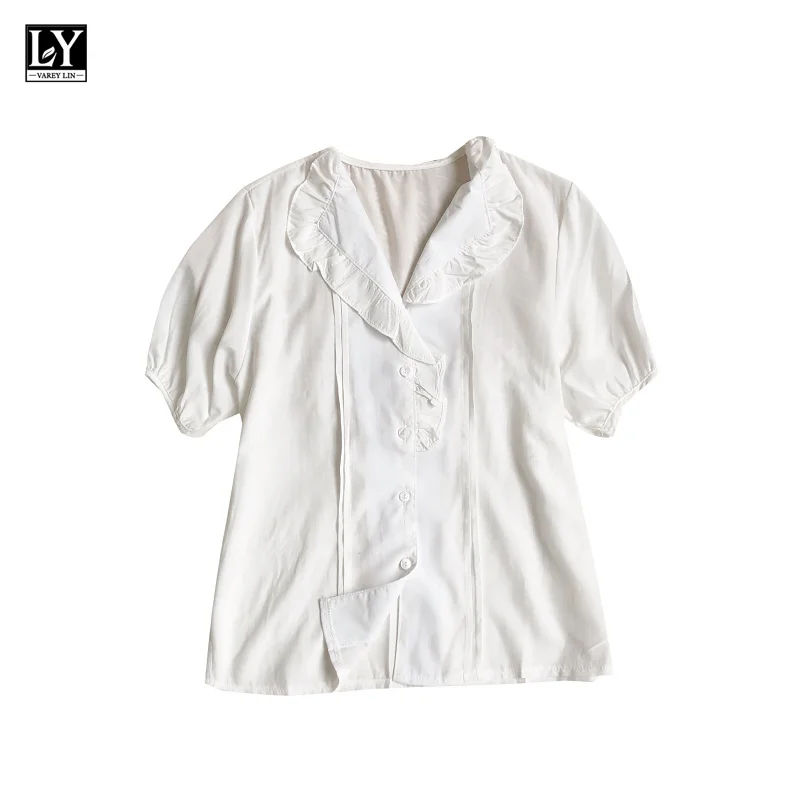 

LY VAREY LIN New Summer Women Casual Solid Color High Waist Shirts Sweet Turn-down Collar Single Breasted Short Shirts Tops