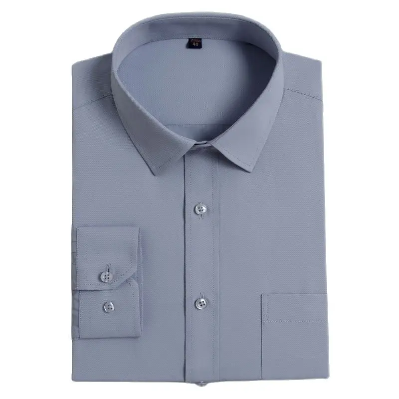 Twill Men Dress Shirt Long Sleeve Social Office Solid Formal Shirts Men Regular Fit Business Gray White Breast Pocket Casual Pop