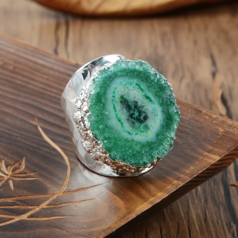green BOROSA 1 шт. Радужный цветок Солнечный Кварц Druzy кольцо Серебристый цвет регулируемый модный кварцевый ремешок кольцо Высокое качество S0308 - Цвет основного камня: green