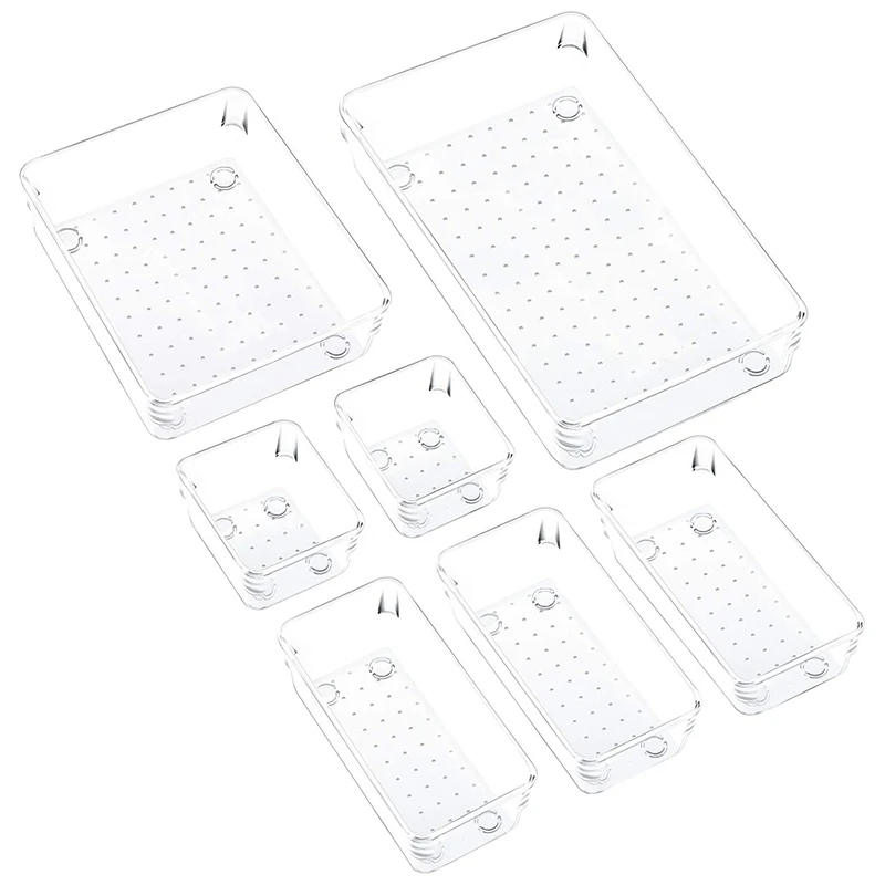 

7 Pcs Drawer Organizer with Non-Slip Silicone Pads, 4-Size Clear Desk Drawer Organizer Trays in Office and Kitchen