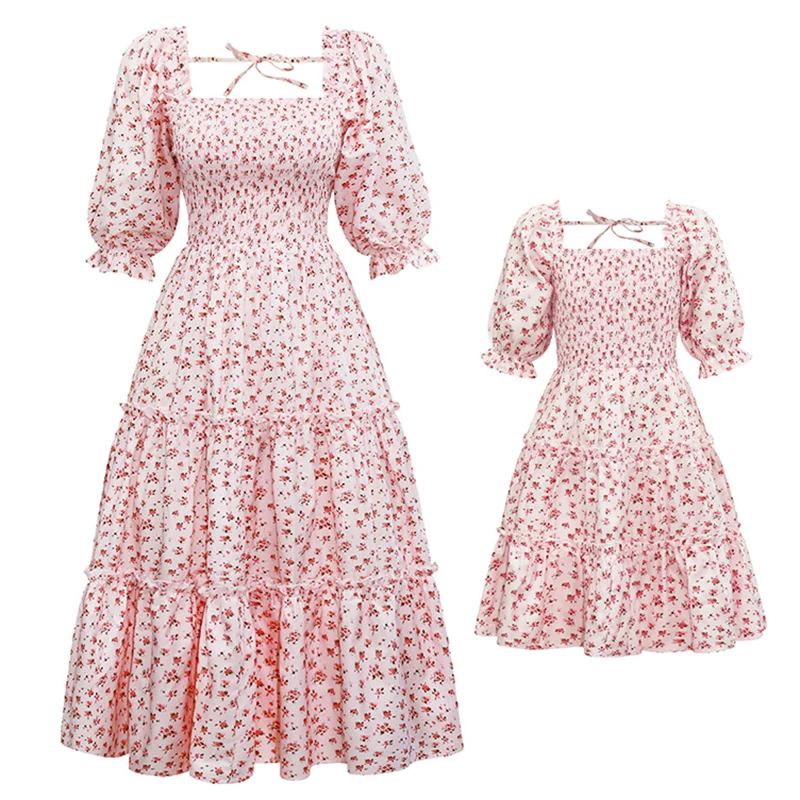 2022 Mom And Daughter Dress Family Matching Clothes Pink Floral Printed Long Dress For Mother Daughter Mommy And Me Clothes