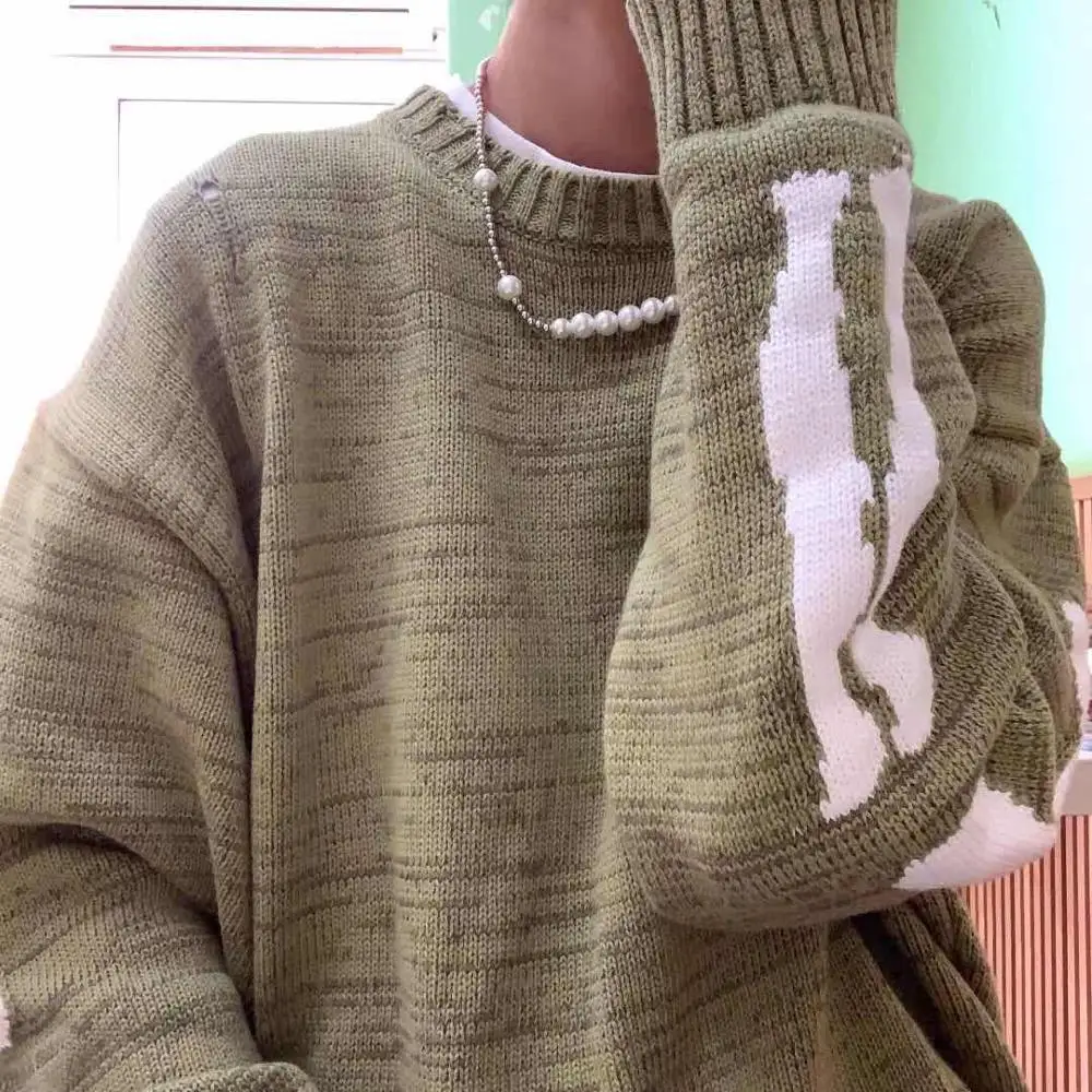 

Green Loose Skeleton Bone Printing Sweater Men Woman Good Quality High Street Damage Hole Vintage Knit Sweater