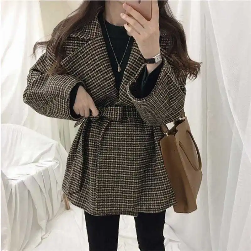 

Plaid Woolen Coat Women Sashes Thick Warm Suit Outwear Korean Fashion Winter Vintage Turn-down Collar Casual Jacket Veste Femme