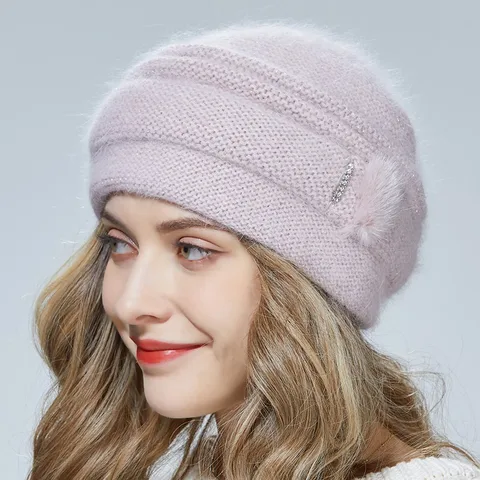 Новая стильная женская зимняя шапка LILIYABAIHE, Вязаная Шерстяная Ангорская шапка, двойная теплая шапка, норковая и вертикальная шапка с украшением