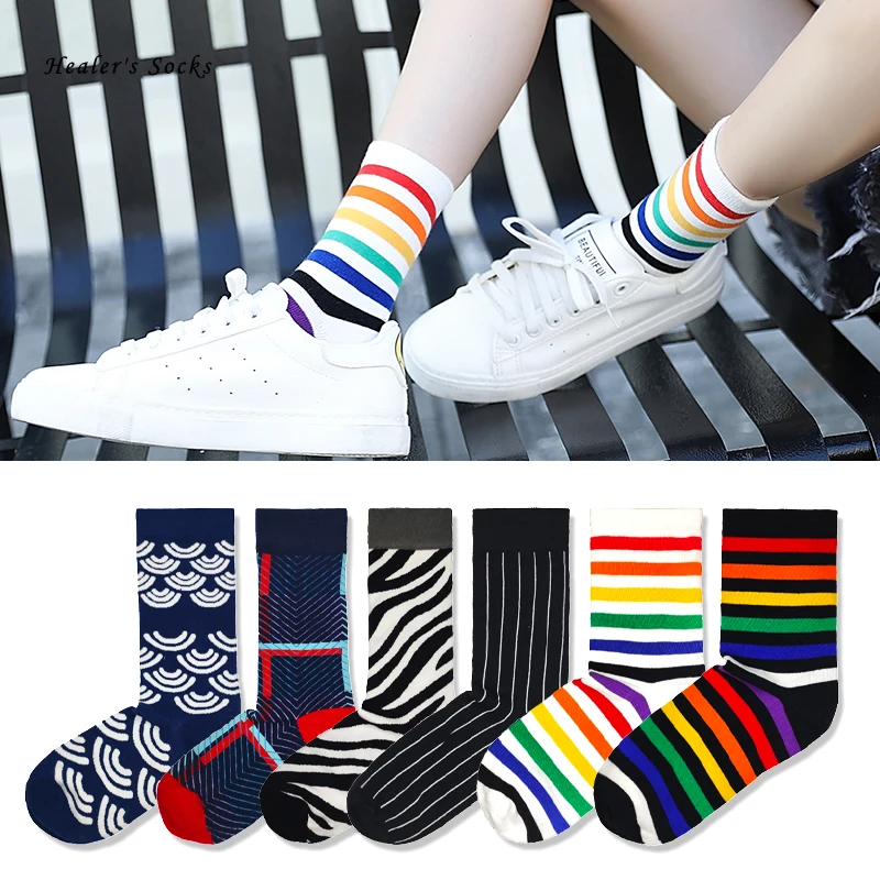 

Striped Fashion Men and Women Socks Cotton Colorful Harajuku Skateboard Rainbow Funny Happy Korea Cute Non-slip Girl Tube Socks