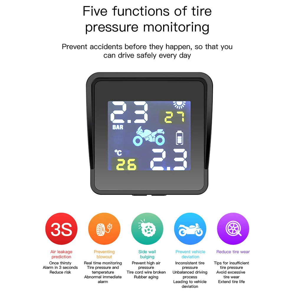 

Solar W-ireless Motorcycle Tire Pressure Monitoring System LCD Intelligent External Sensor Realtime Monitor