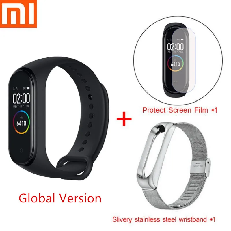 Global Silver Set Xiaomi mi-браслет 4 плавания 5 АТМ шагомер спортивный смарт-браслет 0,9" цветной AMOLED экран mi Band 3 Bluetooth 5,0 smartband - Цвет: Global Silver Set