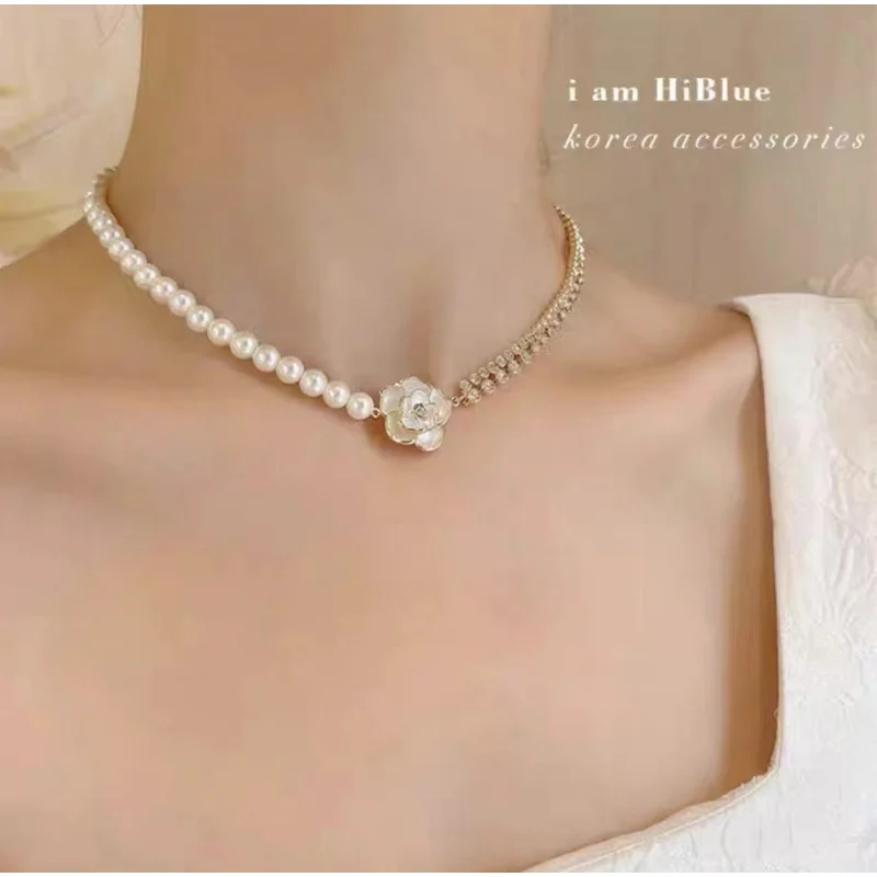 

White Flower Short Pearl Necklace Korean Style Diamond-Studded Necklace Female Artistic Temperament Socialite Style Necklace