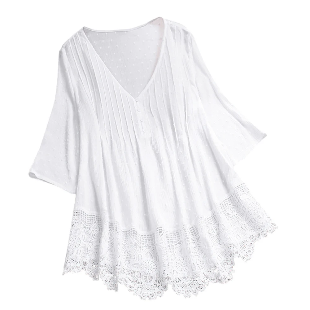 Женская ажурная блузка с полурукавами цветочный кружевной подол и пуговицами