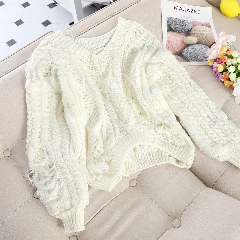 Gaganight Hole Autumn Winter Women Sweaters Long Sleeves V Neck Chic Fashion Pullover Solid Loose Pull Femme Korean Vintage Tops | Женская