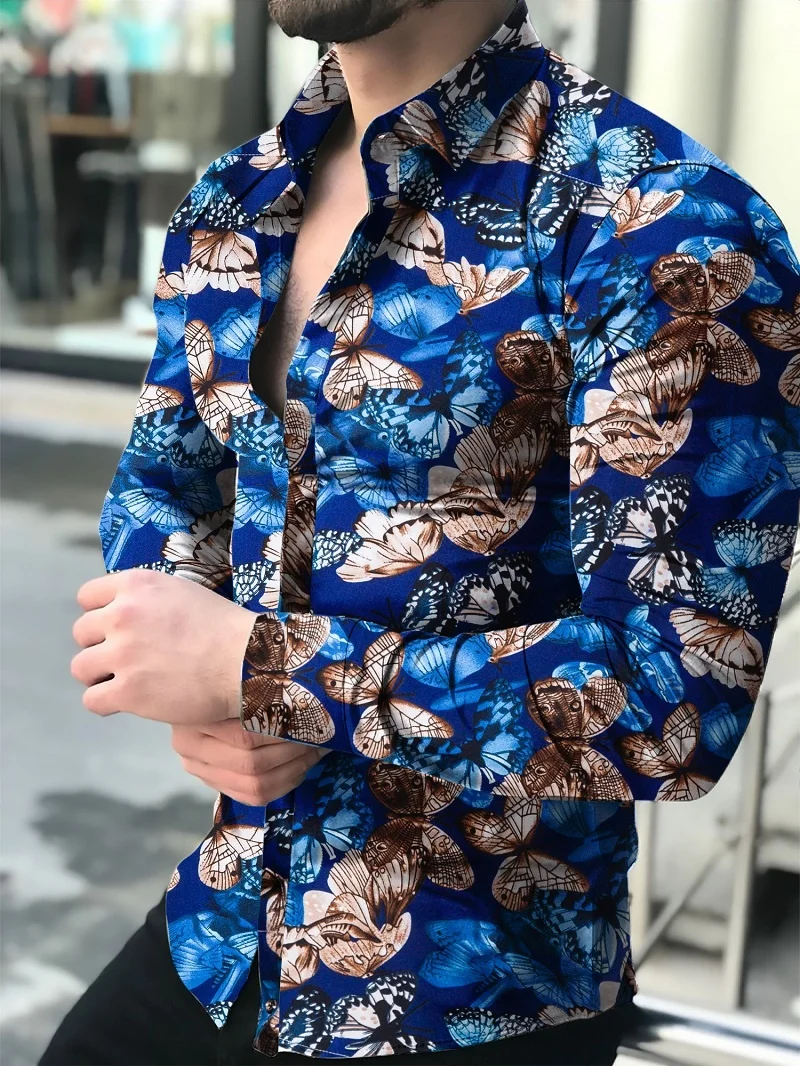 

Men's butterfly print tight shirt, long sleeve shirt, 2021 cotton