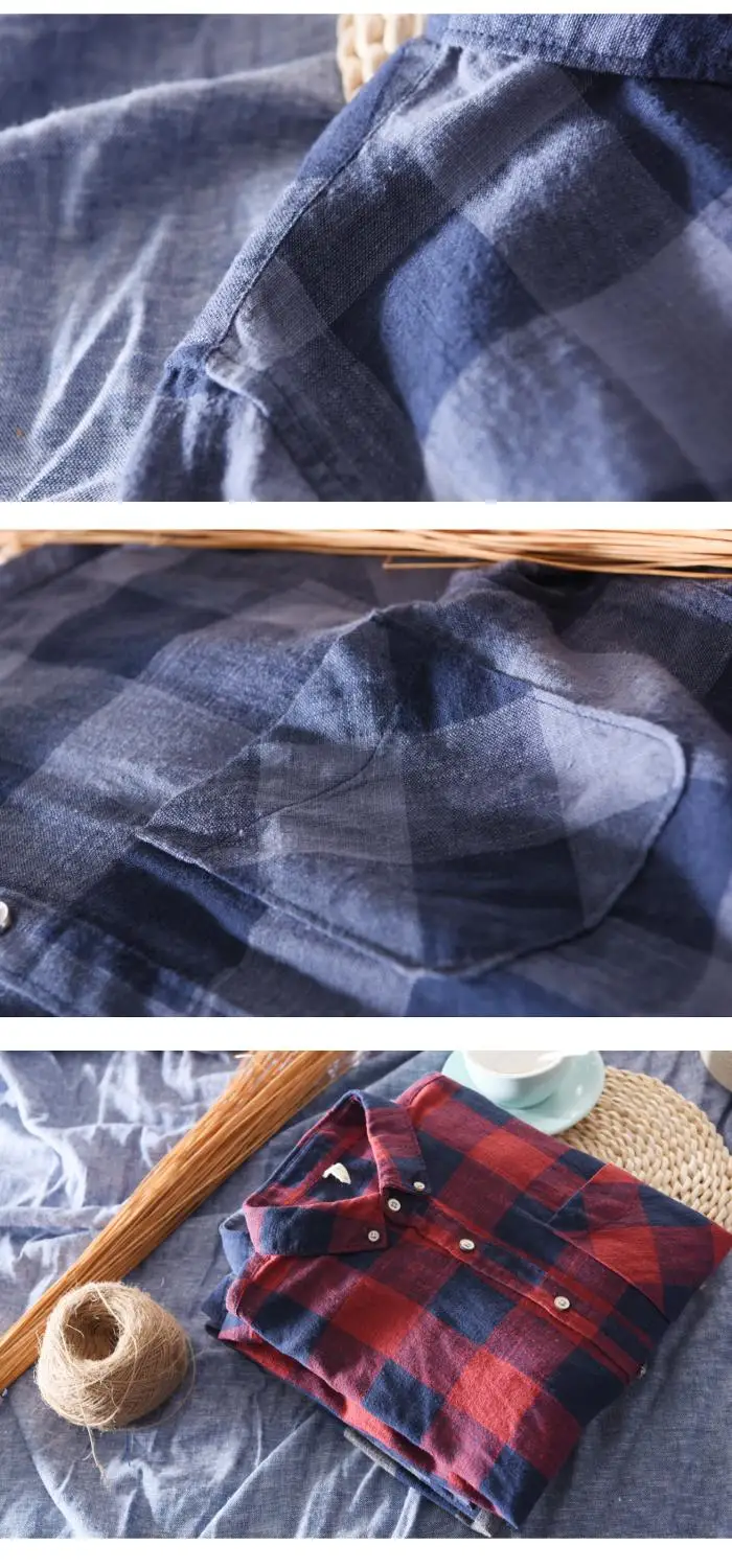 Рубашка мужская клетчатая с длинным рукавом хлопок и лен Повседневная модная