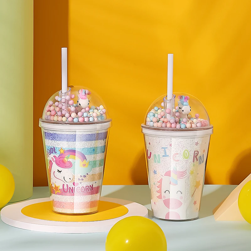 Двухслойная пластиковая водная бутылка с крышкой-единорогом и трубочкой в стиле корейского творческого подарка для молока, кофе, чая, удобная чашка.