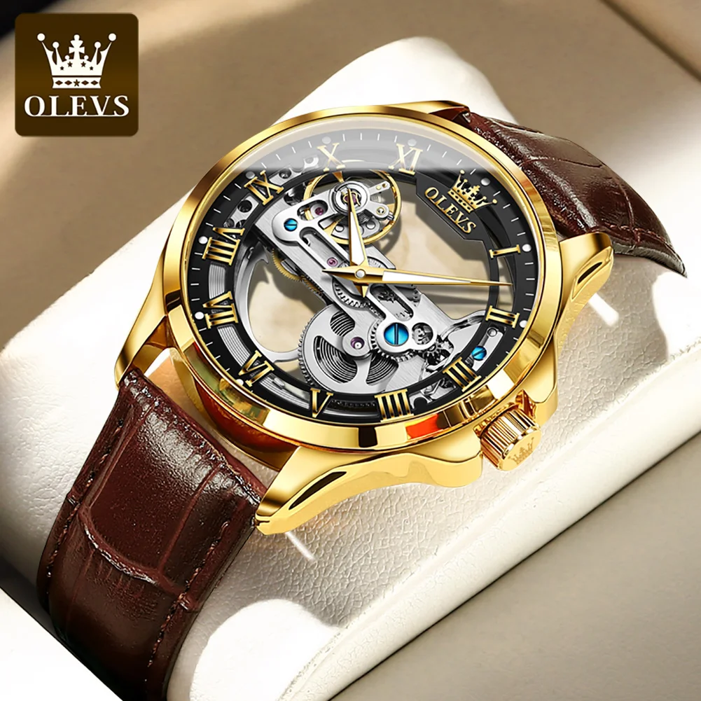 OLEVS Luxury Men Watches 2022 New Automatic Mechanical Wristwatch Skeleton Design Waterproof Leather Strap Male Reloj Hombre