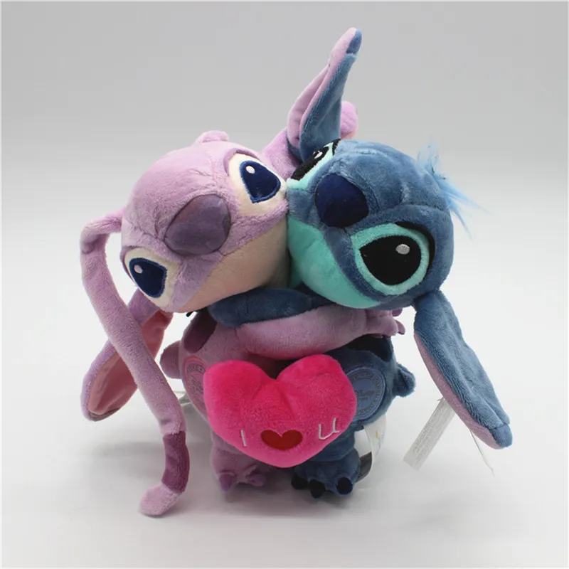 

Disney 2piece of one lot 20cm cute Stitch and Angel with LOVE heart plush Toys Valentine gifts