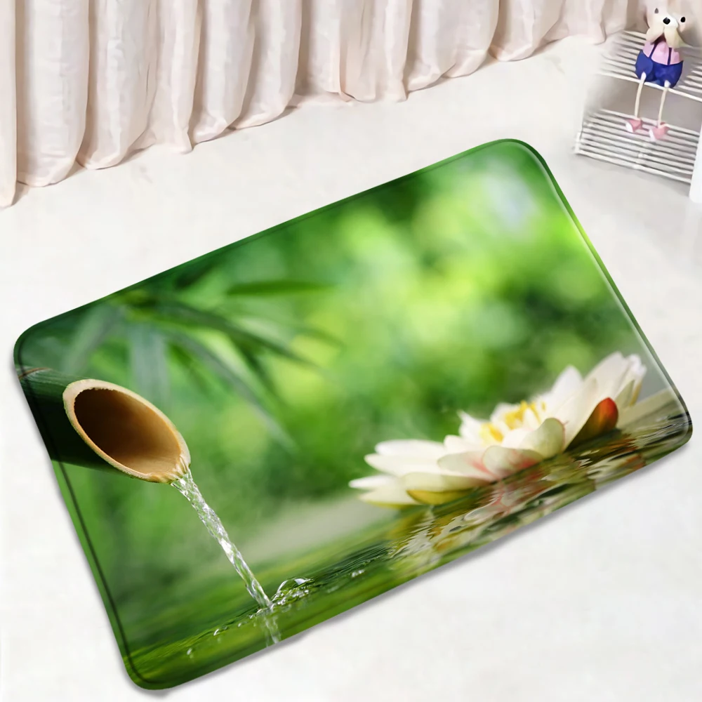 

Zen Flower Bath Mat Green Bamboo White Lotus Running Water Entrance Doormat Bedroom Rug Kitchen Floormat Bathroom Mats Washable