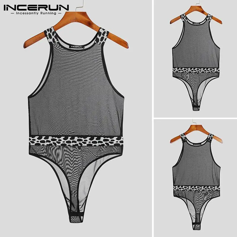 

INCERUN Comfortable Loungewear Sexy Men See-through Rompers Breathable Mesh Male Jumpsuit Leisure Sleeveless Bodysuit S-5XL 2021