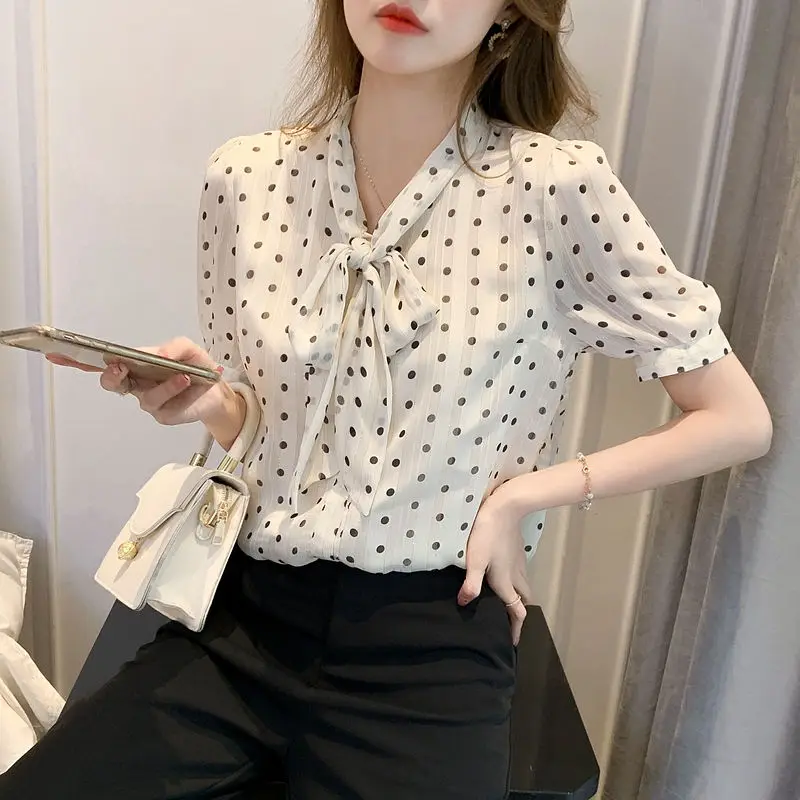 

2021 New Summer Women Blouses Casual Slim Bow Short Sleeve Print Dot Chiffon Shirts Fashion Elegant Office Lady Tops Clothing