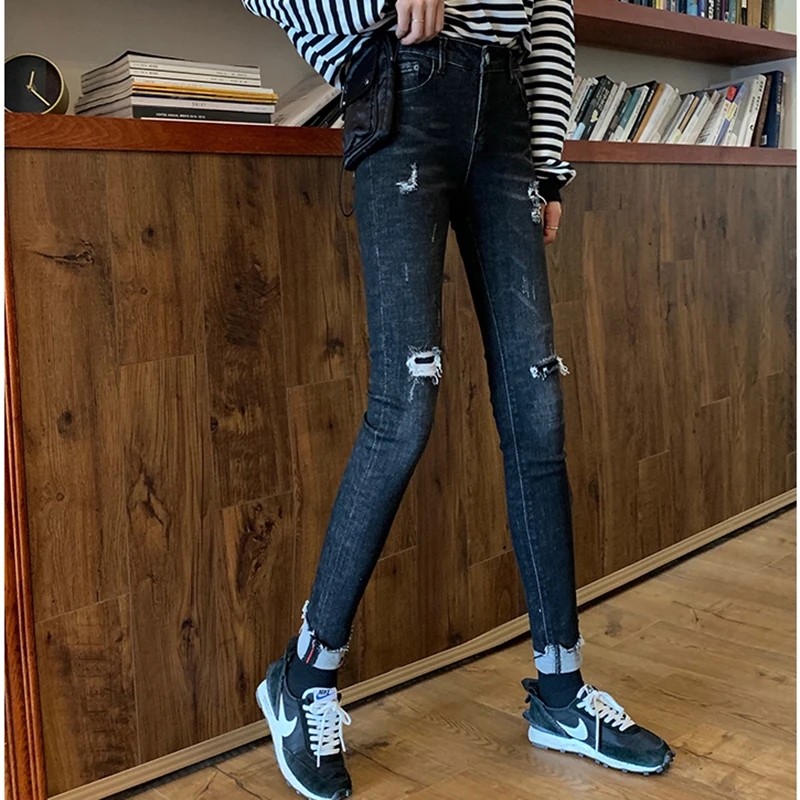 2019 черные женские эластичные джинсы для женщин размера плюс повседневные девять