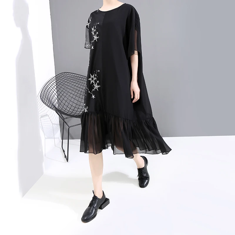 Женское платье с вышивкой в виде звезд черное Повседневное из шифона средней