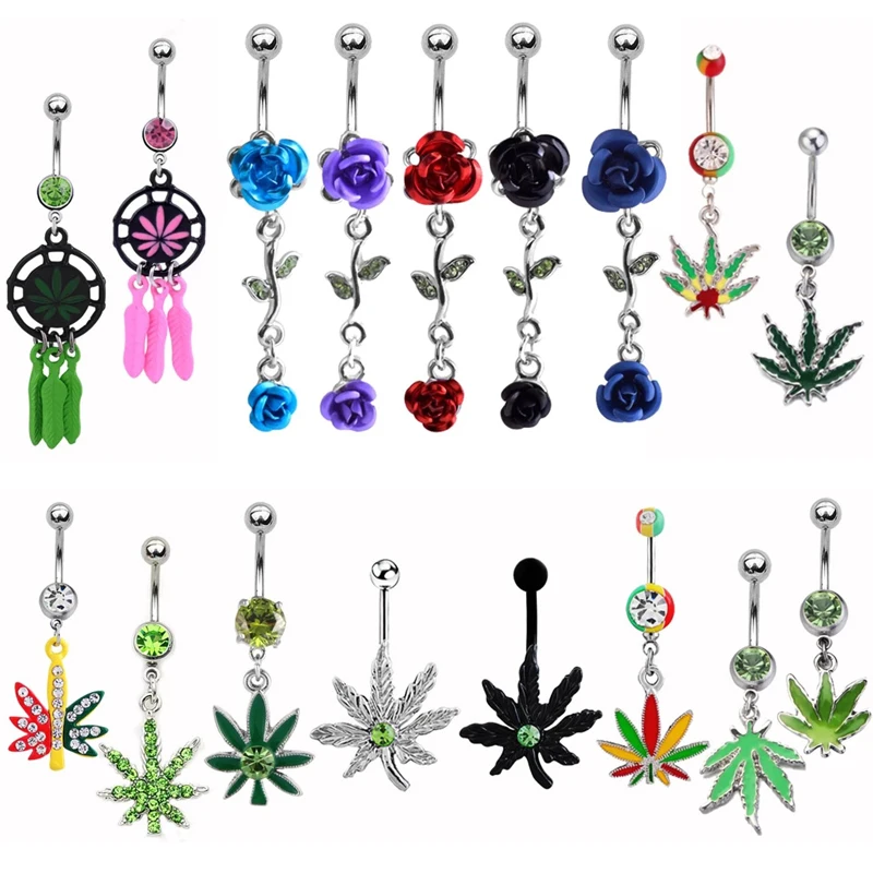 1 шт. зеленый узор в виде кленового листа пупка кольца хирургический стальной