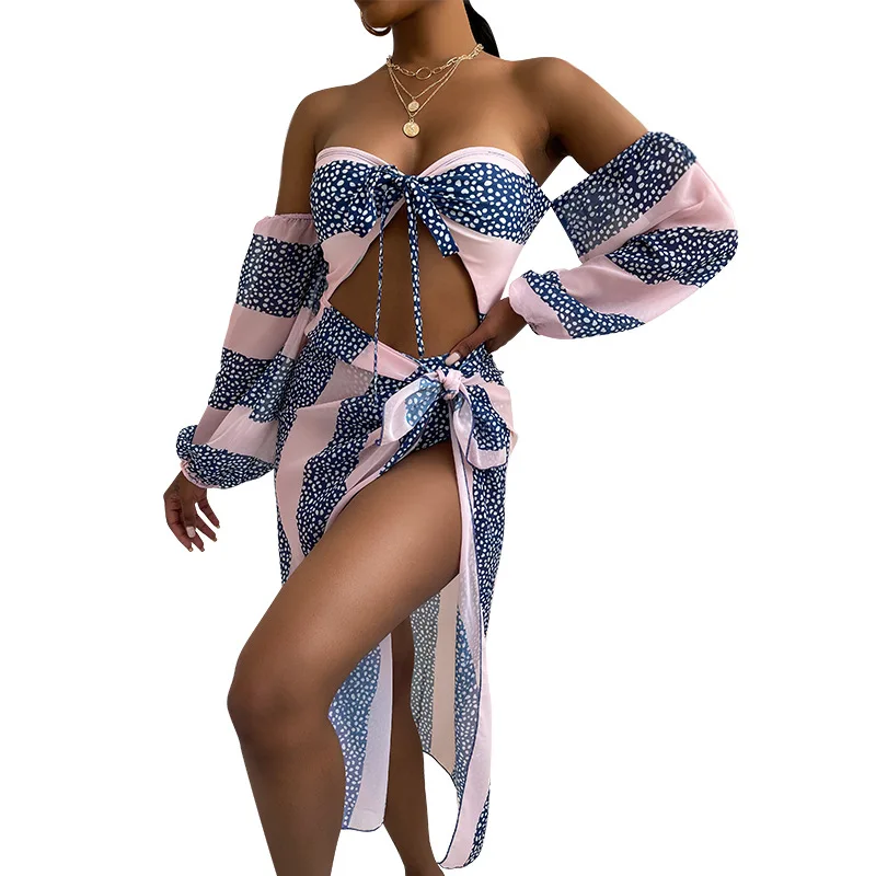 Cutubly Women Hollow Out Print Casual Skirt Bikini Sets Sexy Bow Lace Up Bikini Set Off Shoulder Lantern Sleeve Slit Skirt Sets