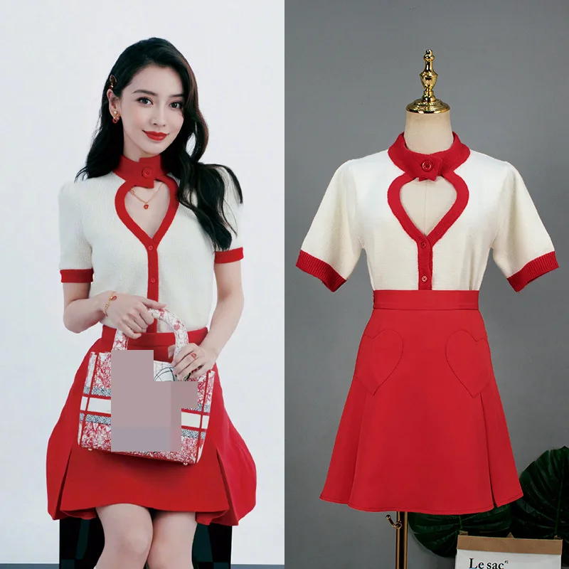 

Sexy Fashion Love Hollow Short Sleeve Sweater + Red High Waist Short A-Line Mini Skirt Two Piece Set Brand Elegant Clothes 2021