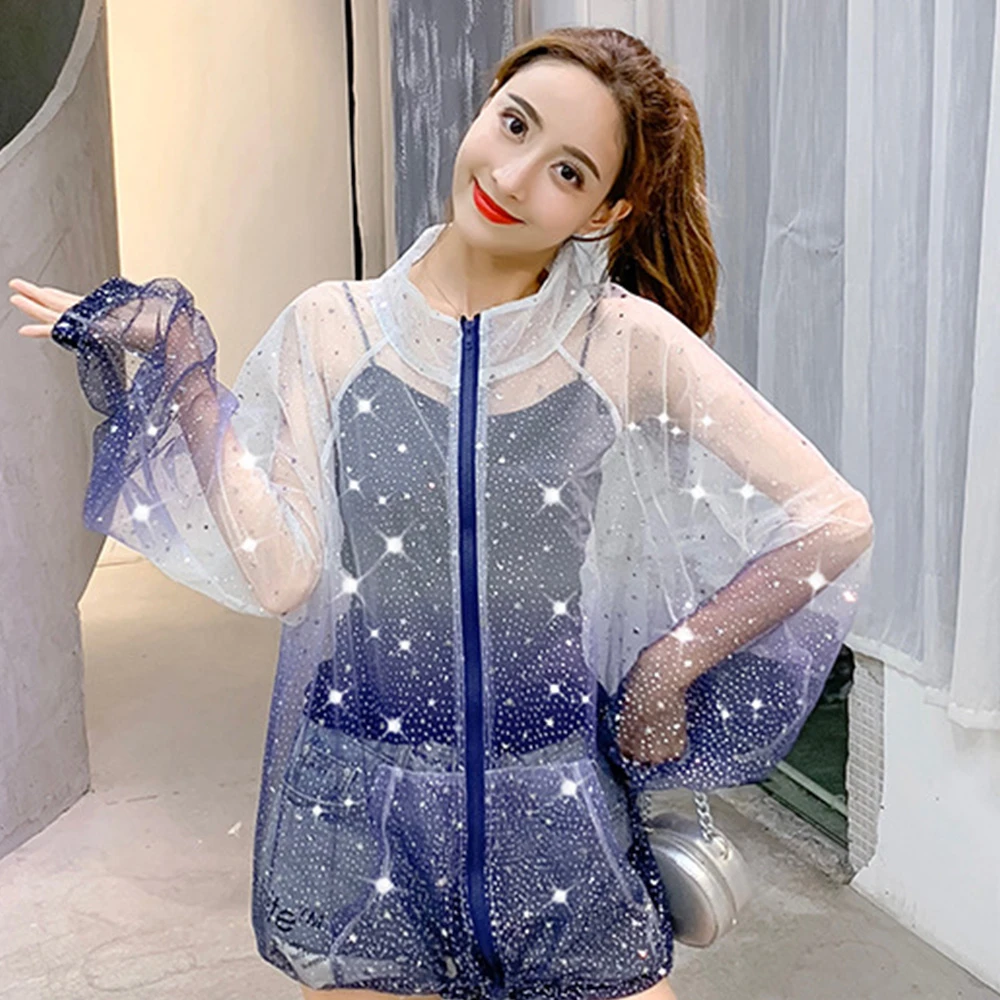 

Sequin Glitter Woman Jacket See Through Zip-up Long Coat Long Sleeve Stand Collar Loose Oversized Jacket Streetwear