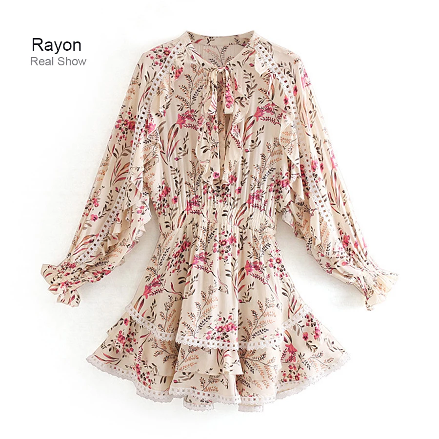 AYUALIN/осеннее мини платье кремового цвета с цветочным принтом и оборками Платье