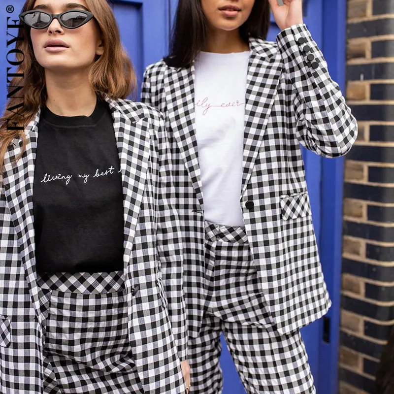 Fantoye Casual Plaid Women Suits With Pants 2 Piece Set Blazer Jacket Coats 2019 Autumn Pant Two Jumpsuits | Женская одежда